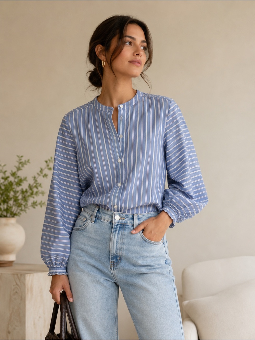 Who What Wear Yursa Blue White Stripe Cotton Tencel Blouse M